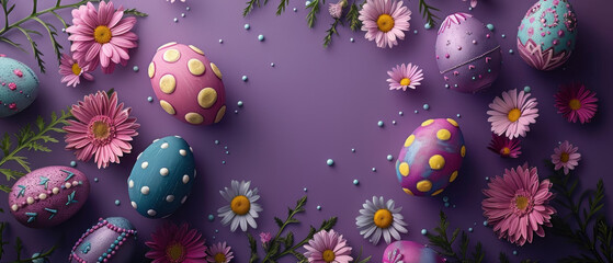 Fototapeta na wymiar Decorated Easter Eggs and Spring Daisies on a Purple Background.