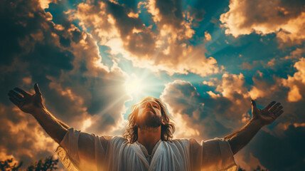 Jesus Christ with open arms reaching out in the sky, hand gestures of Jesus dying on the cross and resurrected, heaven and salvation, faith and love, easter concept.  - obrazy, fototapety, plakaty