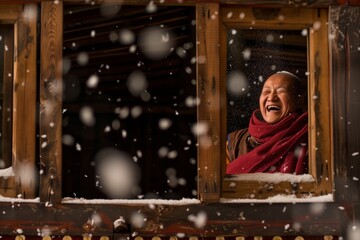 monk through monastery window, laughing at snowfall