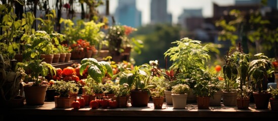 Fototapeta na wymiar urban garden growing plants herbs spices vegetables and flowers in the city