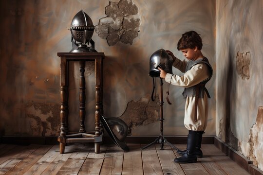 child in squire outfit polishing a helmet beside armor stand in room corner