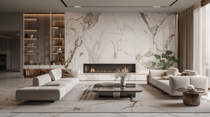 A luxurious living room with plush sofas, marble fireplace, and custom shelving exuding a modern elegance
