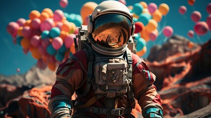 Astronaut in space suit and helmet with colorful balloons flying in the sky.