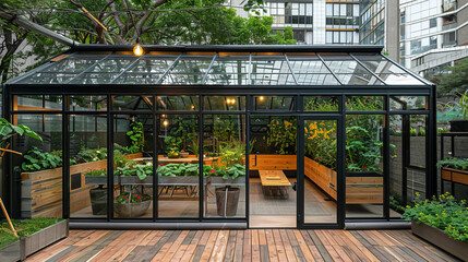 This image shows a contemporary greenhouse with glass walls filled with a variety of plants and comfortable sitting area