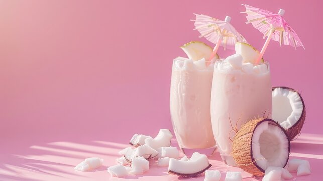 Refreshing summer drinks. Coconut drink on pastel pink background. Trendy summer color , A Glass Of Coconut Milk Surrounded By Coconuts, Flat lay composition with coconuts on color background. Space f