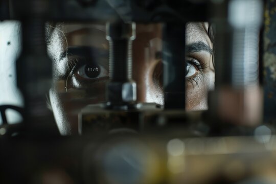 closeup of a persons focused gaze with levers in foreground