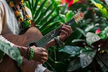 guitarist with rastafarian necklace playing in a lush green garden