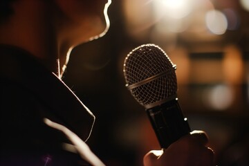 closeup of a host speaking into a microphone - obrazy, fototapety, plakaty