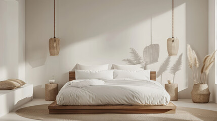 Chic bedroom design highlighting a stylish bed, hanging lights creating shadows, and neutral tones for a modern look
