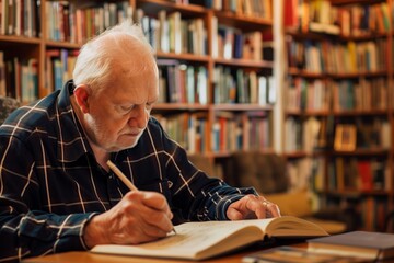 senior man writing in a journal with bookshelves in the background