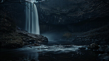 A night shot of a waterfall illuminated by moonlight casting a mystical glow. - obrazy, fototapety, plakaty