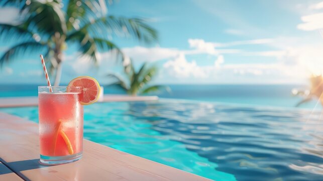 tropical summer drinks beside the swimming pool and sea background, Cocktails on a cruise ship in the summer, Cocktails by the Sea Summer Beach Mood
