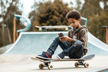 kid sitting on a skateboard, using a phone with ramps behind
