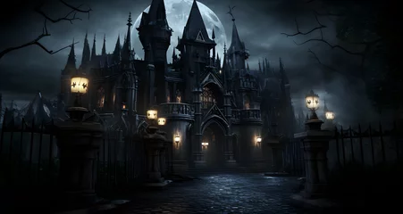  gothic castle in the moonlight with several tombstones and lanterns © Charlotte