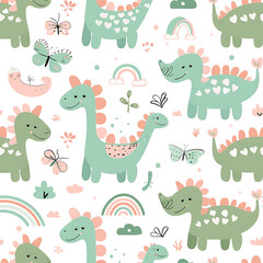 Seamless design cute dinosaurs pattern pastel kid wallpaper. generative ai