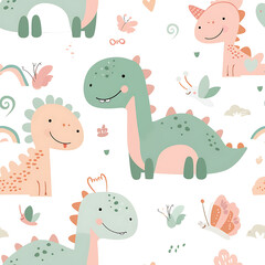 Naklejka premium Seamless design cute dinosaurs pattern pastel kid wallpaper. generative ai