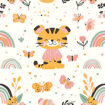 A delightful pattern featuring adorable cute pastel tigers and graceful butterflies.  generative ai