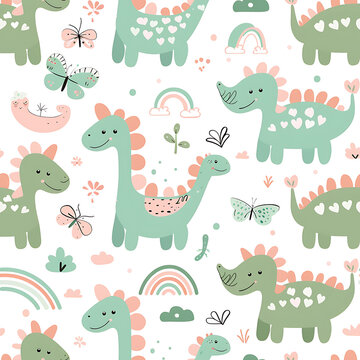 Seamless design cute dinosaurs pattern pastel kid wallpaper. generative ai