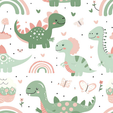 Seamless design cute dinosaurs pattern pastel kid wallpaper. generative ai