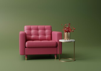 Pink Sofa Chair furniture and coffee table with flowers isolated on green background. Trendy Elegant Background Minimal Interior Illustration. Web Banner 3D render.