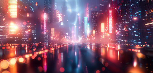 Fototapeta na wymiar Blurred neon lights background. Neon city lights in bokeh style. Futuristic backdrop.