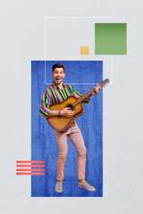 Composite collage picture image of funny male listen music have fun play guitar musician fantasy billboard comics zine