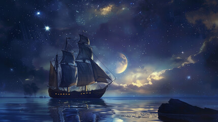 Medieval wooden ship on the sea at night amidst the moonlight and stars, generative ai. - obrazy, fototapety, plakaty