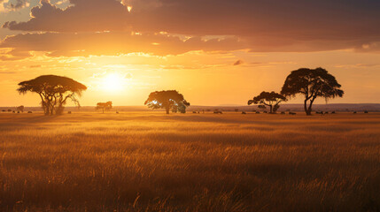 Fototapeta na wymiar A panoramic view of a vast savannah at sunset with silhouettes of acacia trees and grazing wildlife.