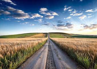 Fototapeta na wymiar Rural road through wheat field at sunset. Countryside landscape.