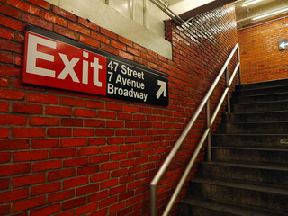Manhattan Subway exit sign at 47th street broadway and 7th avenue, New York, USA.