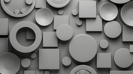 A symmetrical arrangement of circles and squares in muted shades of grey