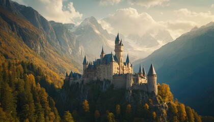 An enchanting castle perched on a cliff, overlooking a forest dressed in autumn colors against a backdrop of majestic mountains. - obrazy, fototapety, plakaty