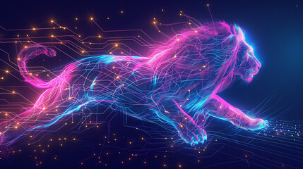 Neon Cyber Lion: Abstract Digital Art of a Majestic Animal
