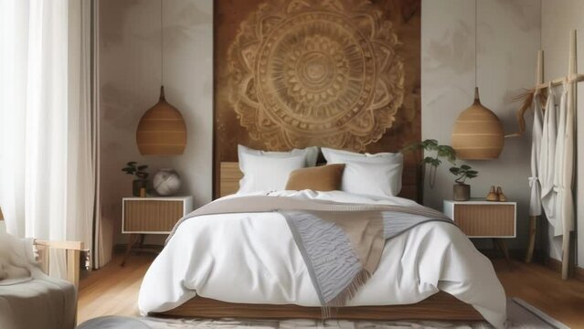Blank mockup of a bohemianinspired wallpaper with intricate mandala patterns and earthy colors creating a serene and eclectic vibe in a bedroom.