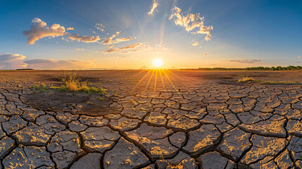 A parched cracked earth landscape under a scorching sun illustrating severe drought conditions.