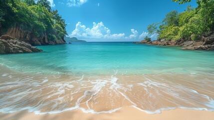 tropical beach on summer day with seaside and sea or ocean in island - obrazy, fototapety, plakaty