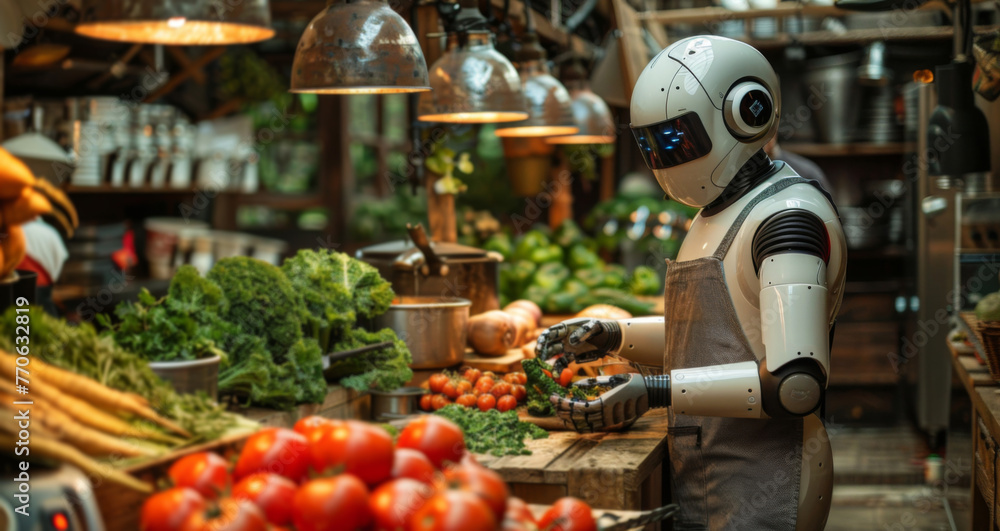Poster Robot Standing in Front of Vegetables
