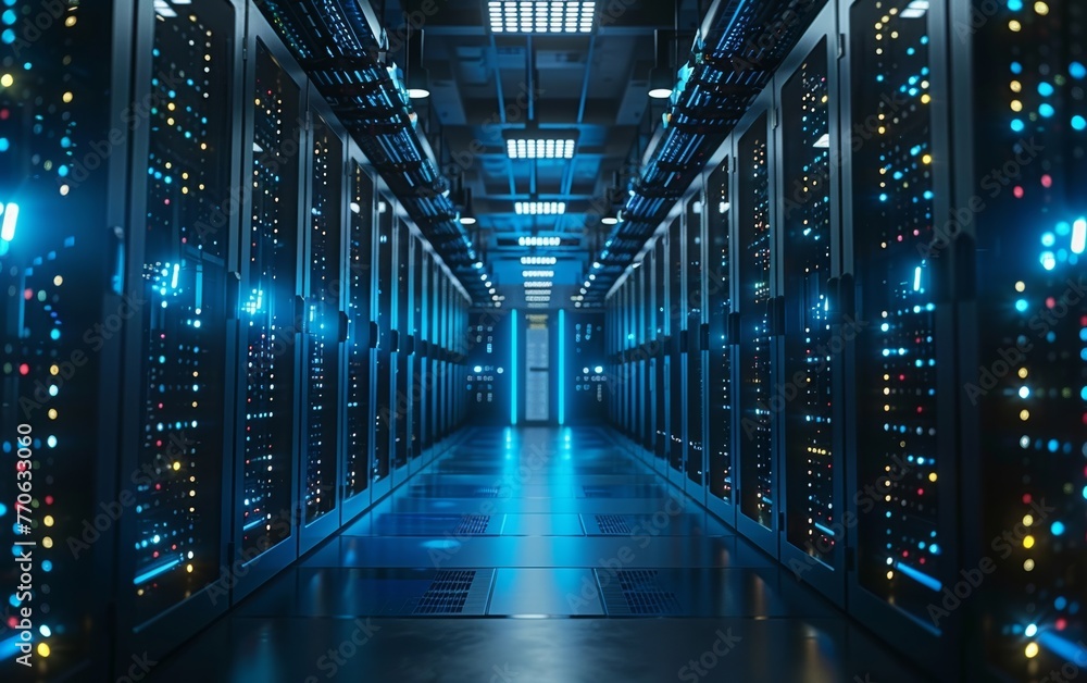Poster an advanced data facility features neatly organized server racks in a dimly lit environment, accentu