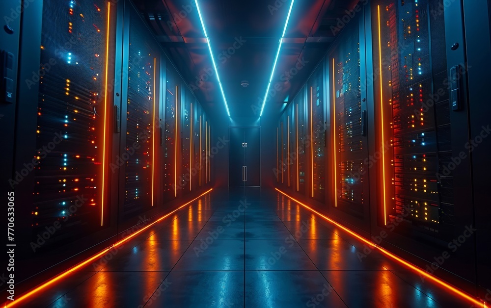 Poster an advanced data facility features neatly organized server racks in a dimly lit environment, accentu