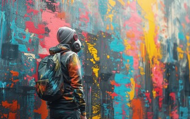 Graffiti artist with mask in a colorful scene, generating ai