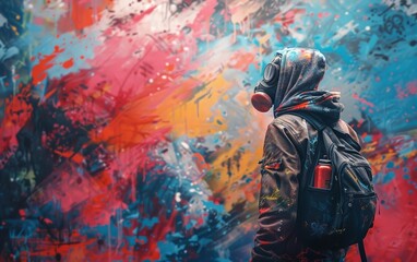 Naklejka premium Graffiti artist with mask in a colorful scene, generating ai