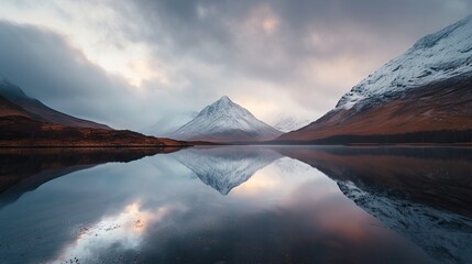 Tranquil mountain landscape with reflection in still water at dusk.