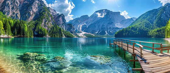 A picturesque scene of the majestic Dolomites in Italy, with lush green forests and crystal clear waters reflecting blue skies - obrazy, fototapety, plakaty