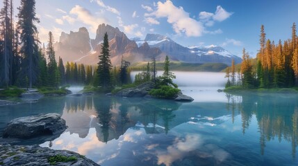 Fototapeta premium Serene mountain lake with forested islands and misty peaks during sunrise, reflecting in calm waters.