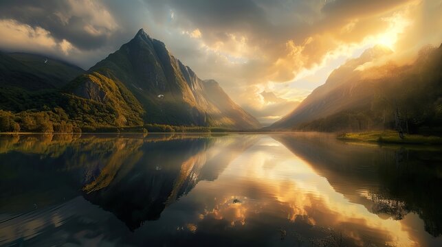 Breathtaking mountain landscape with serene lake reflection at sunset.