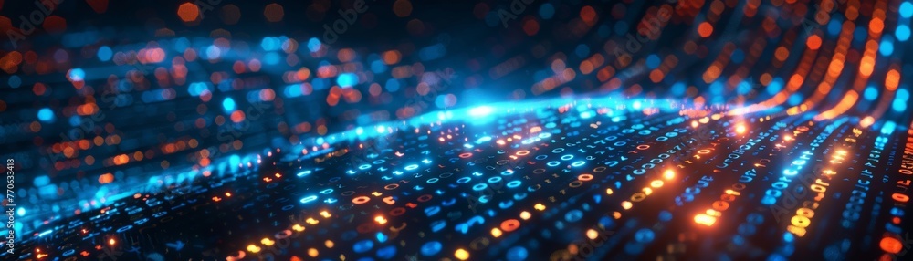 Poster an intriguing design featuring digital streams, binary coding, glitch visuals, and deep neon hues. i