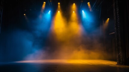 The stage was empty with yellow and blue lights. There is a fog machine in the background. - obrazy, fototapety, plakaty