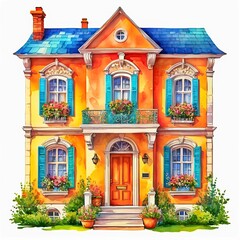 Fototapeta premium Watercolour, a cute house facade on a white background