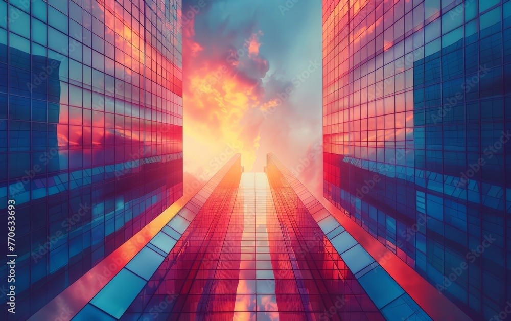 Poster sunset or sunrise view of skyscrapers, creating a mesmerizing skyline with modern architecture, perf