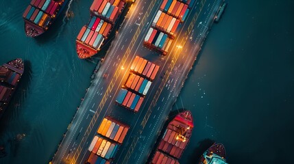 Container ship in import export business and logistic. Cargo freight ship at night time. - obrazy, fototapety, plakaty
